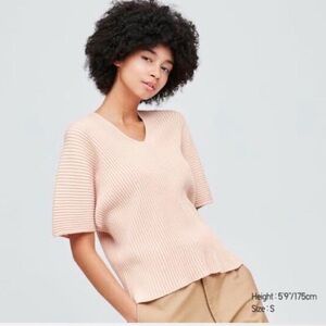 Uniqlo 3D Cotton V-Neck Pleated Half Sleeve Sweater Ribbed Blush Pink